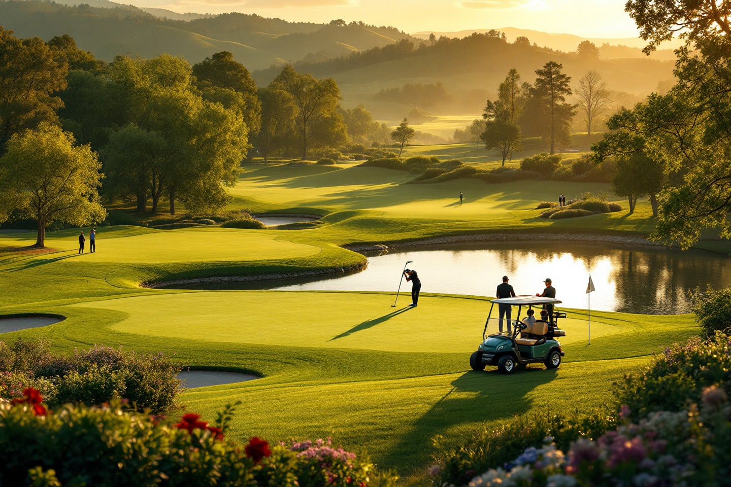 A calm water feature frames the course, with golfers putting near a stylish clubhouse at the best golf courses in Danville.