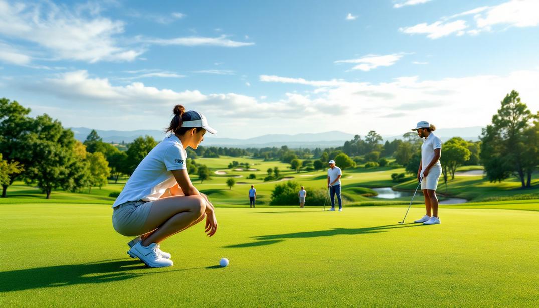 A golfer assesses their putt on a bright and sunny day, enjoying one of the best golf courses in Milpitas.