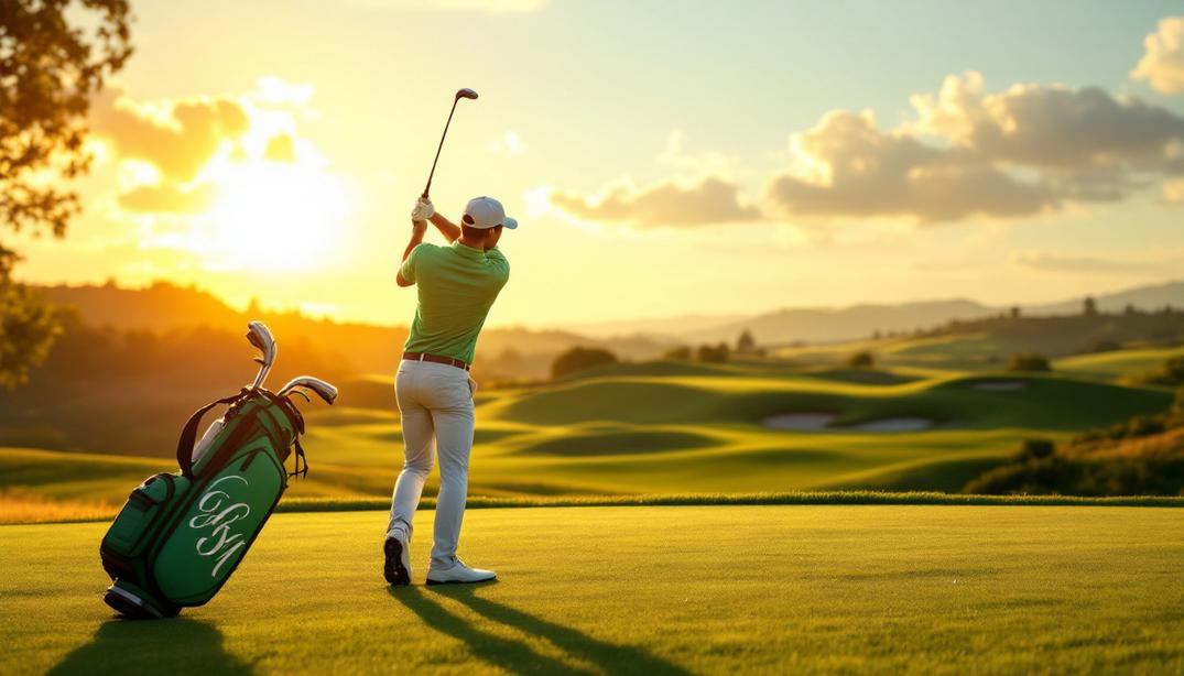 A golfer enjoys a beautiful evening on one of the best golf courses in Vallejo, framed by stunning rolling hills at sunset.
