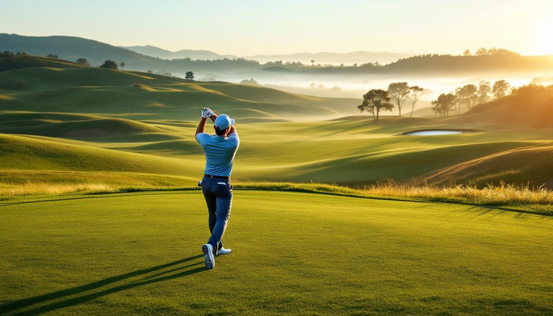 A golfer tees off at sunrise on one of the best golf courses in Los Altos Hills, featuring rolling hills and serene vistas.