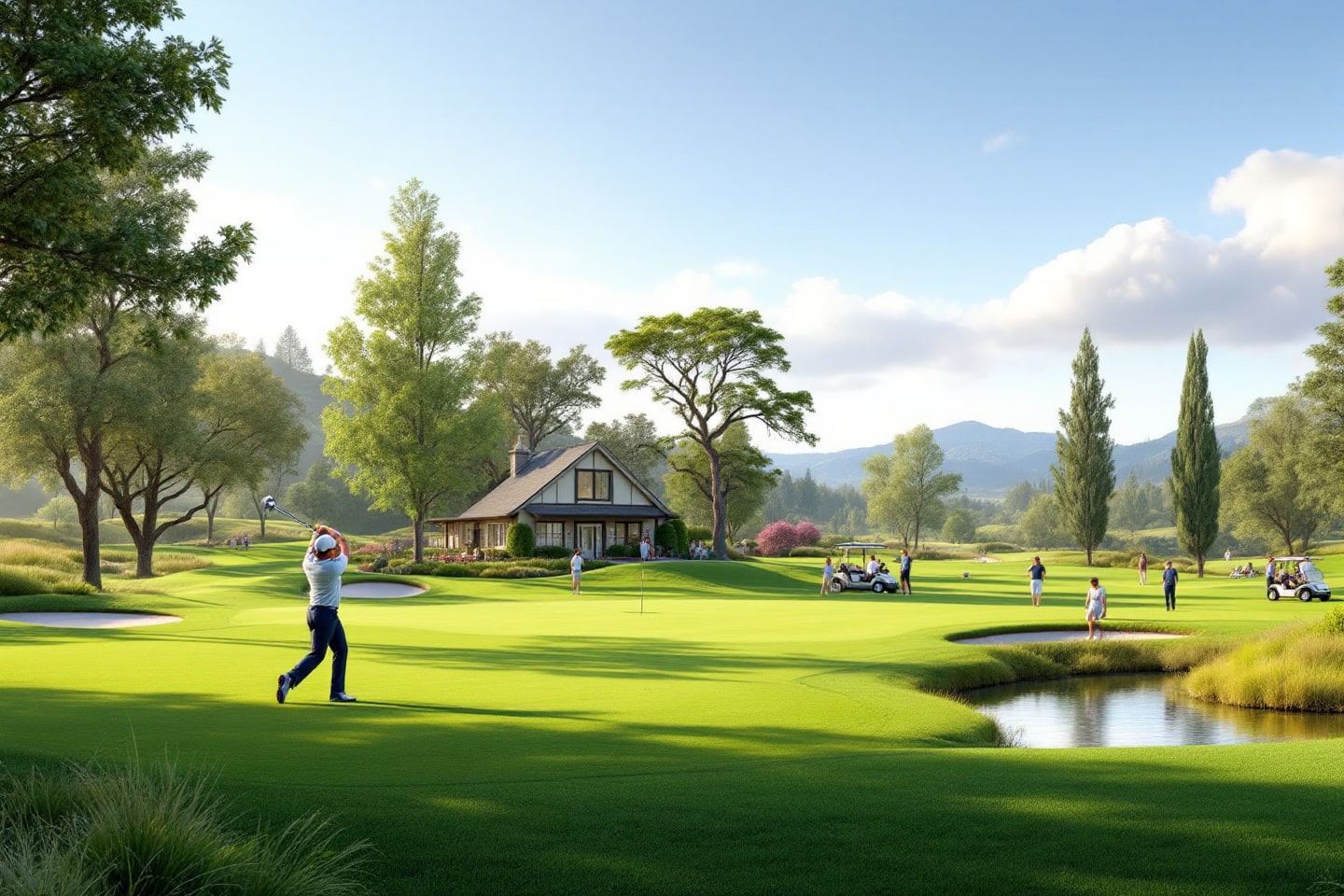 A golfer tees off in a lush, scenic setting surrounded by trees and a clubhouse, showcasing the best golf courses in Castro Valley.