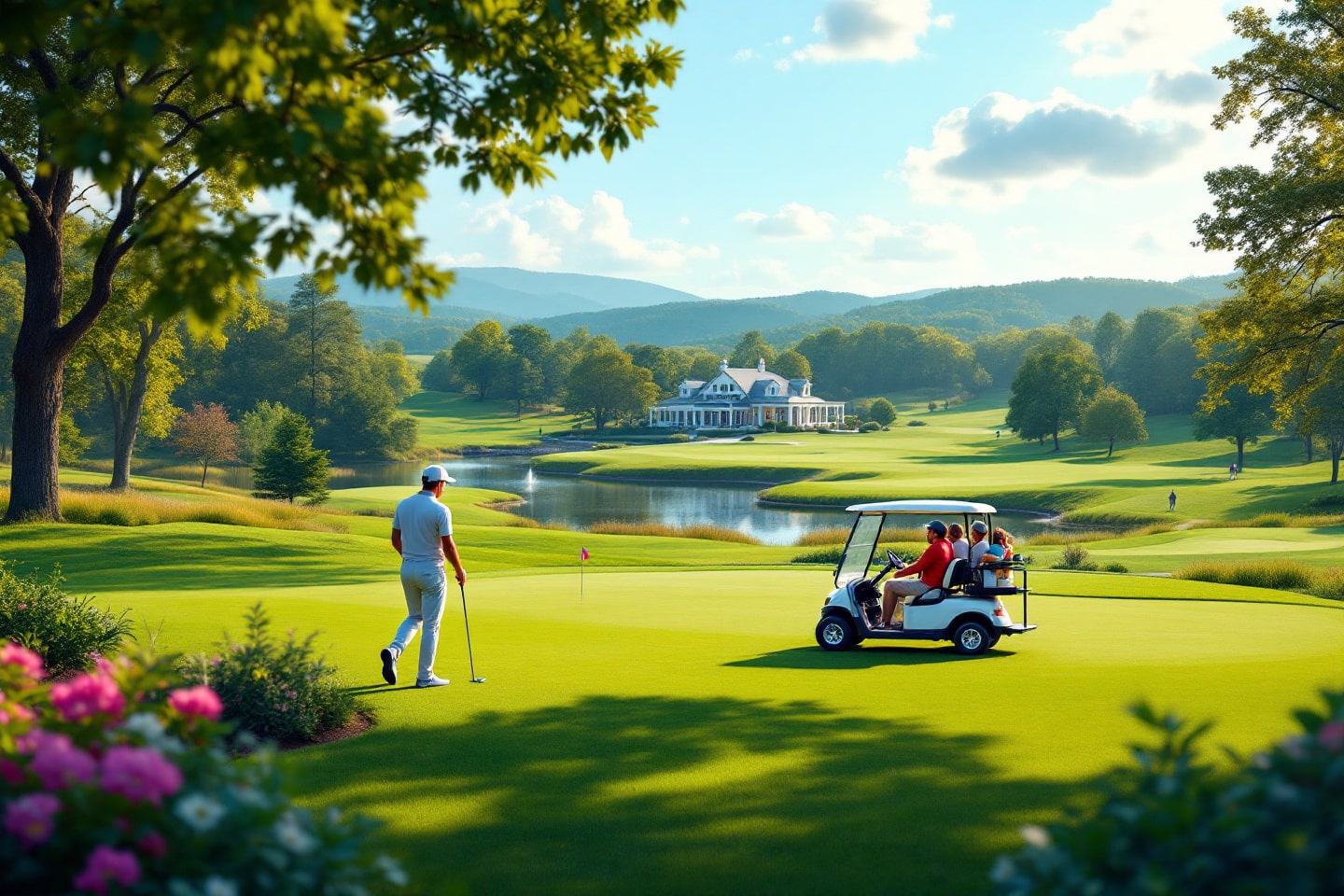 A golfer walks near a vibrant green surrounded by water and a grand clubhouse, perfect for the best golf courses in Clayton.