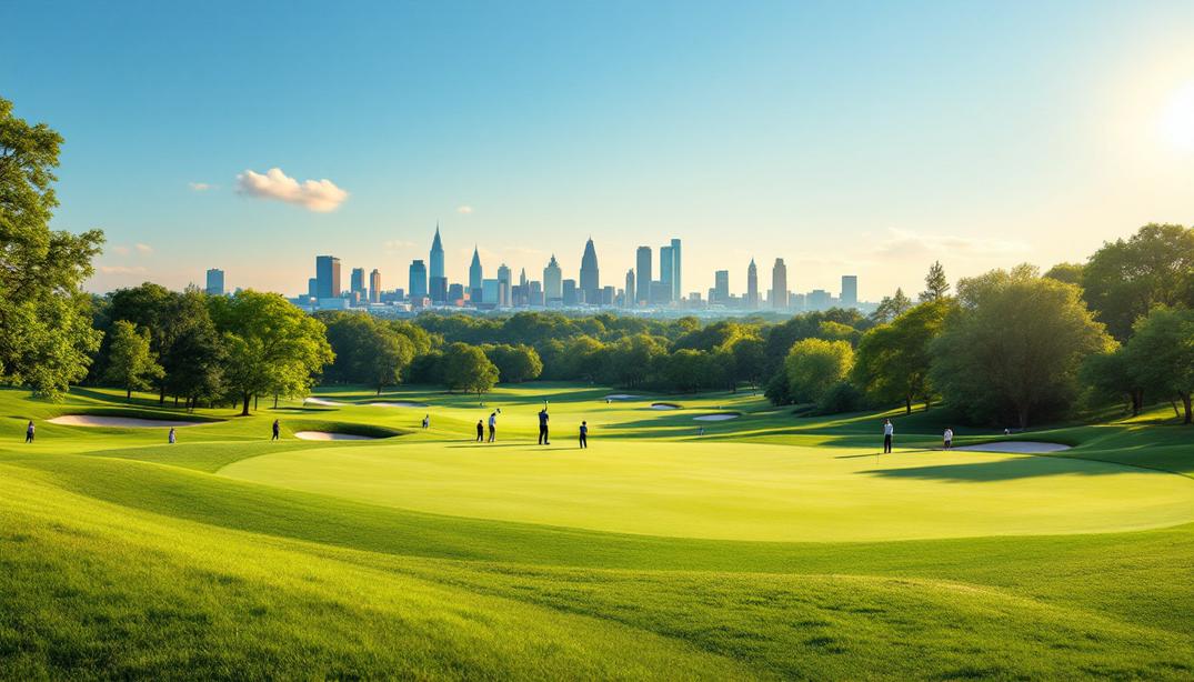 A scenic city view accompanies the rolling greens of one of the best golf courses in Newark.