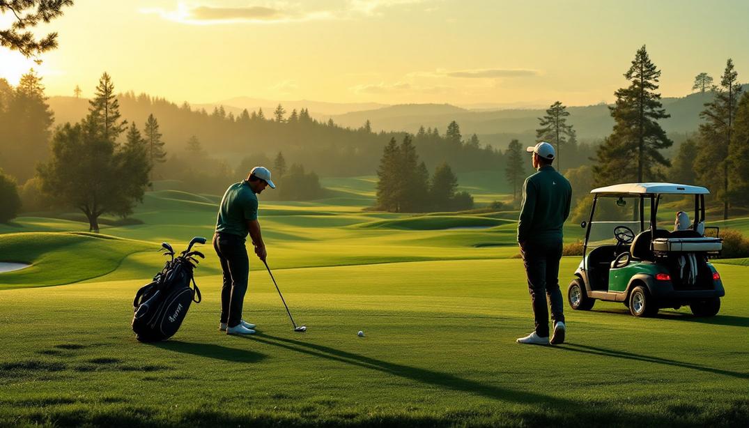 Golfers enjoying the peaceful atmosphere at one of the best golf courses in Redding during a golden sunset.