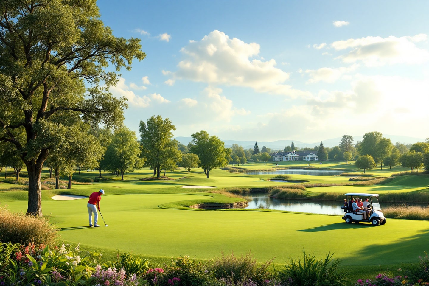 Golfers play against a backdrop of sunny hills and pristine greens, showcasing the best golf courses in Davis.