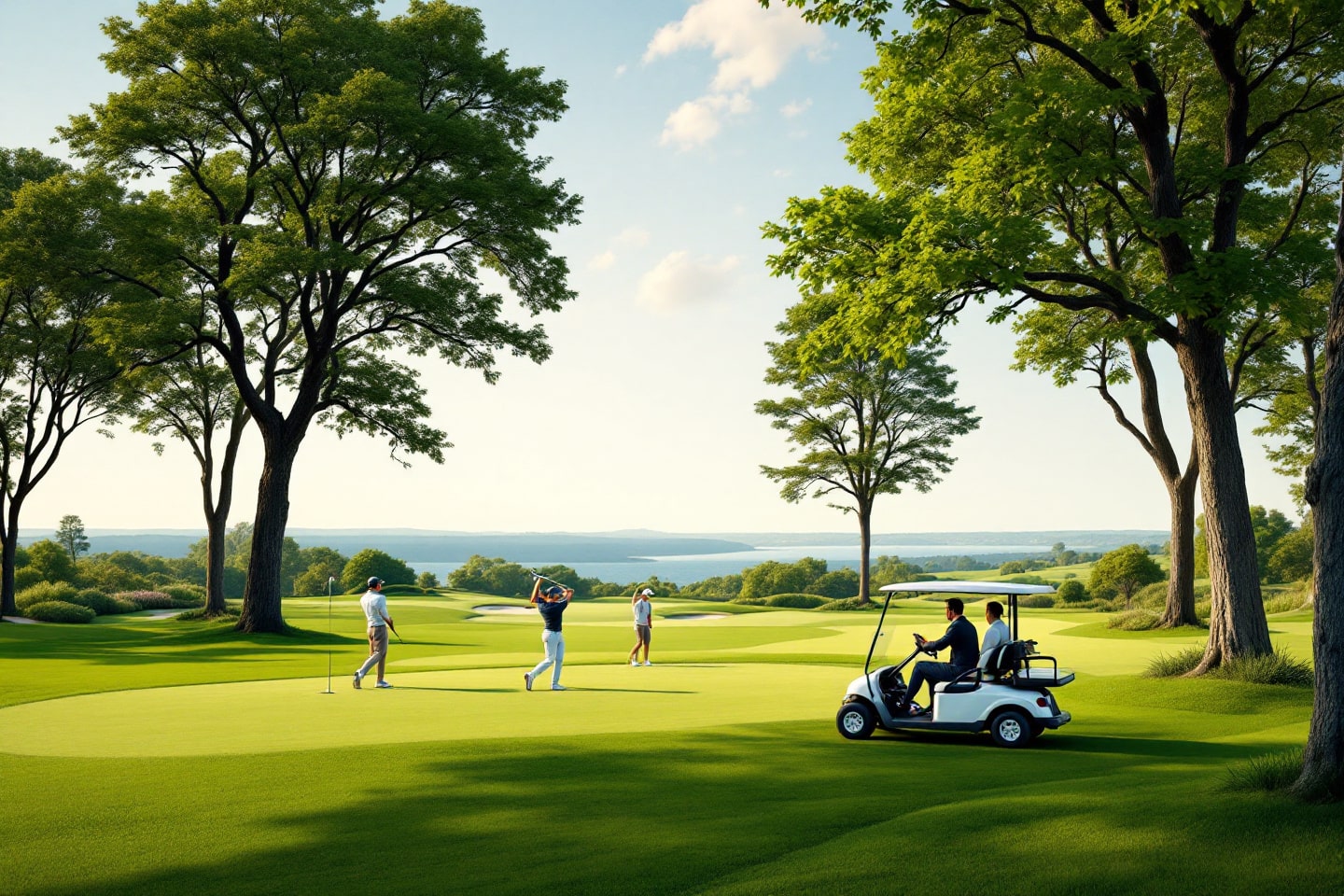 Players enjoy a picturesque fairway with lake views and shaded by large trees, highlighting the best golf courses in Cherryland.