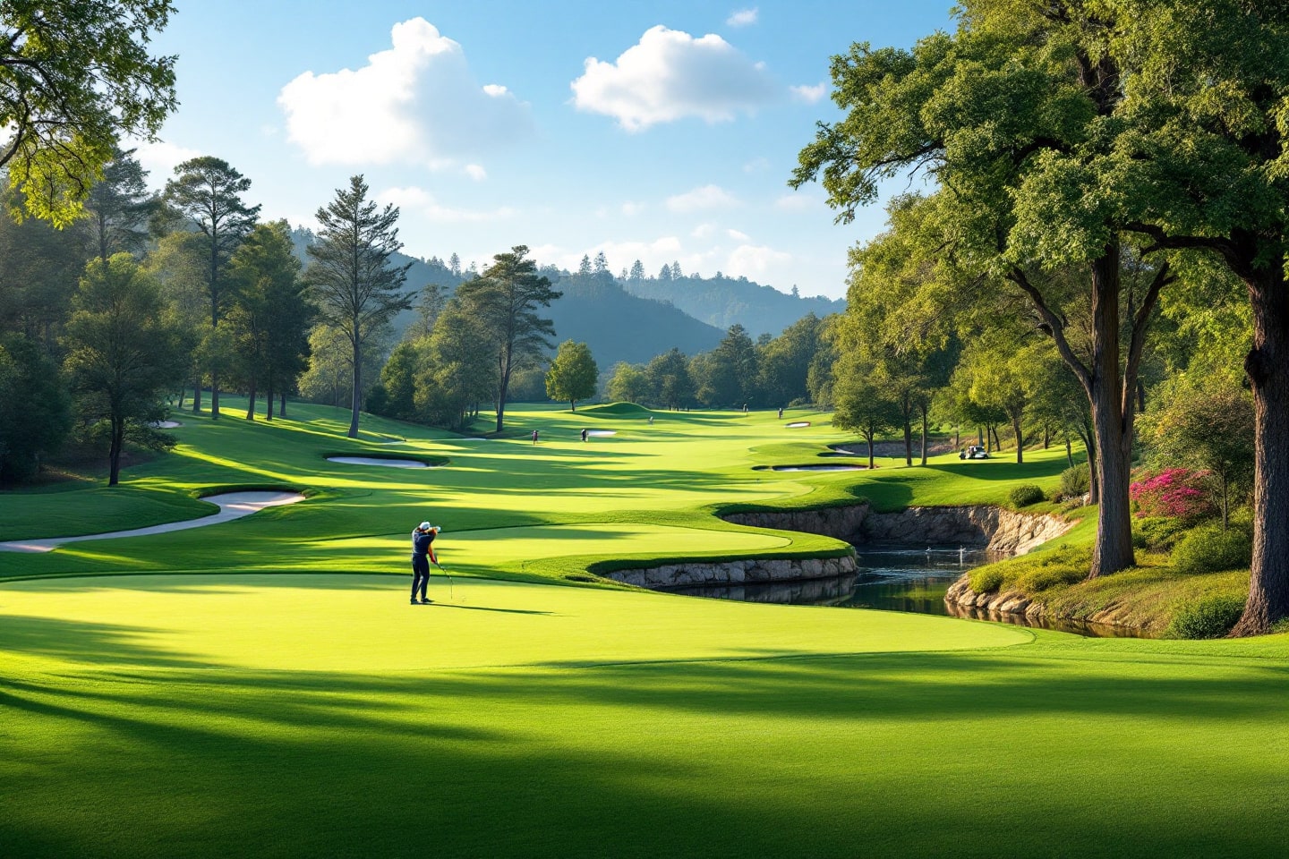 With a stately clubhouse in the background, this tranquil scene captures the charm of the best golf courses in Los Altos.