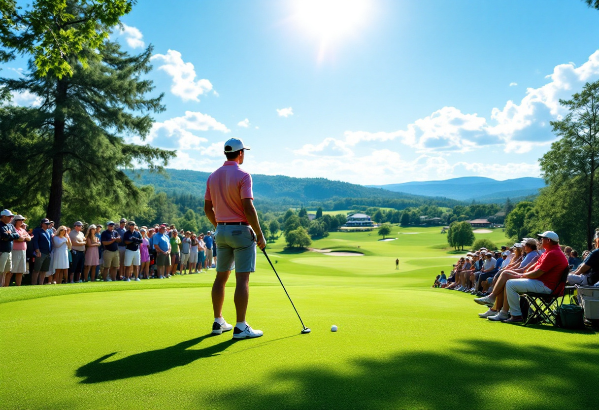 A golfer standing before a large crowd, preparing to take a shot.