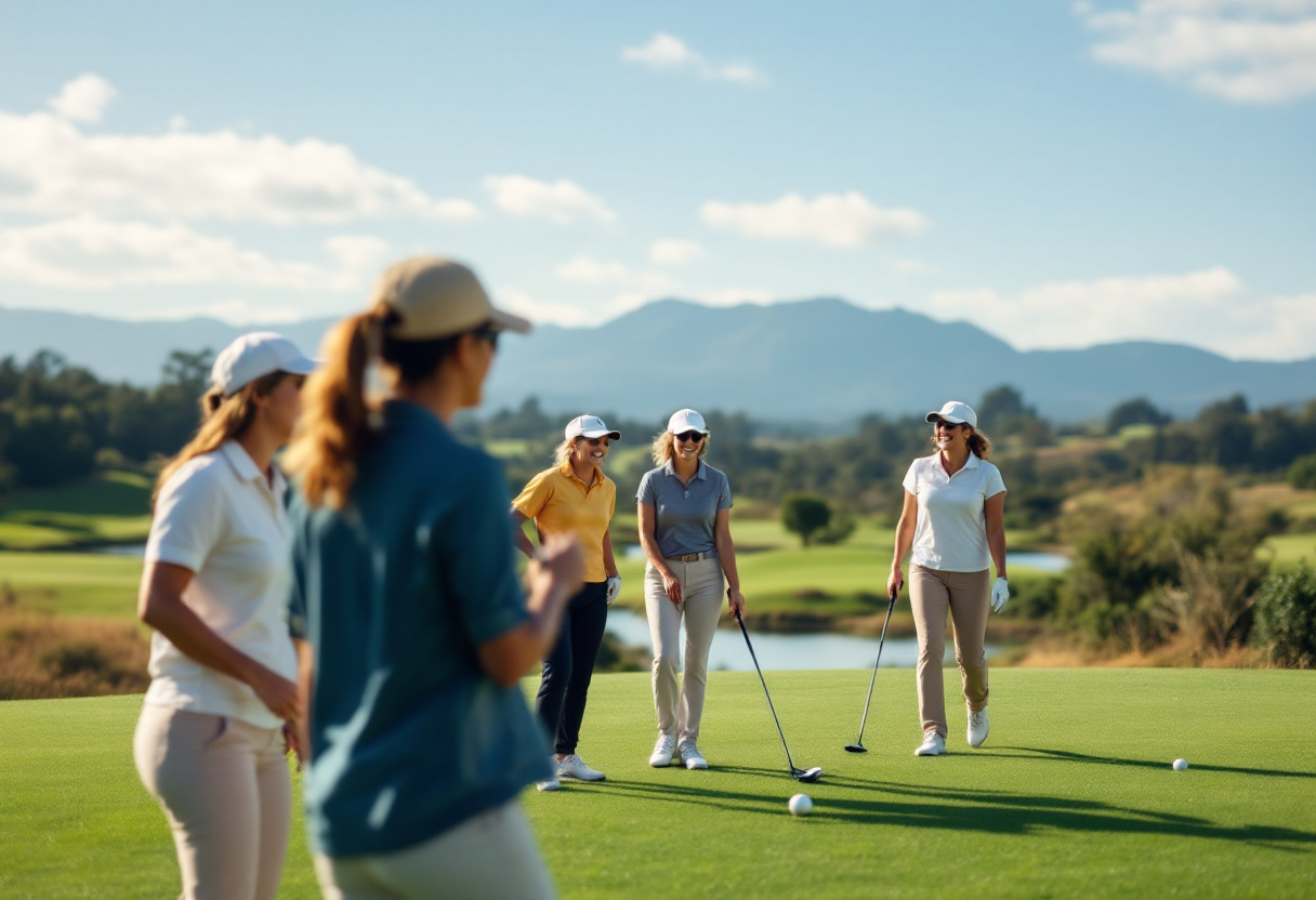 A group of women enjoying a round of golf together in a scenic setting.