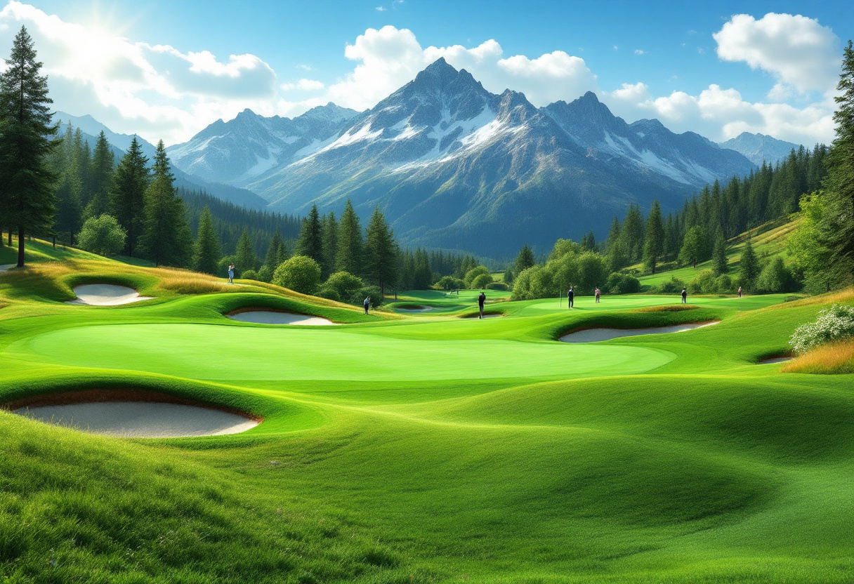 A stunning golf course with lush greens and mountains in the background.