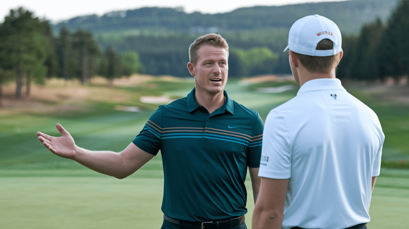 Two male golfers having a conversation on the course, one gesturing with his hand, possibly discussing golf rules or etiquette.