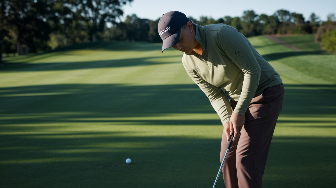 Focused female golfer lining up a putt on a well-maintained course, emphasizing precision and concentration under clear morning light.