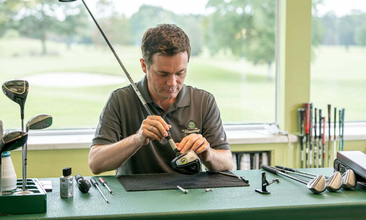 Club fitter adjusting a golf driver in a workshop setting, showcasing how professional golf club fitting improves performance and precision.