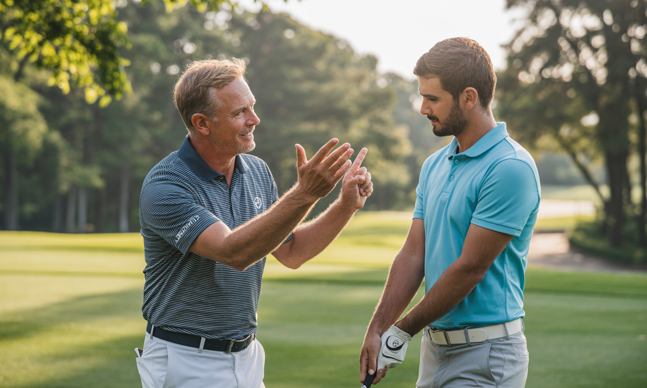 Golf coach explaining common golf swing myths to a student on a sunny course, using hand gestures to break down technique misconceptions.