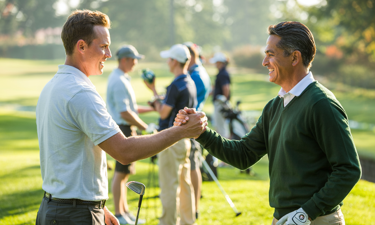 Two golfers shake hands confidently on the course after a lesson, representing the importance of choosing the right golf instructor.