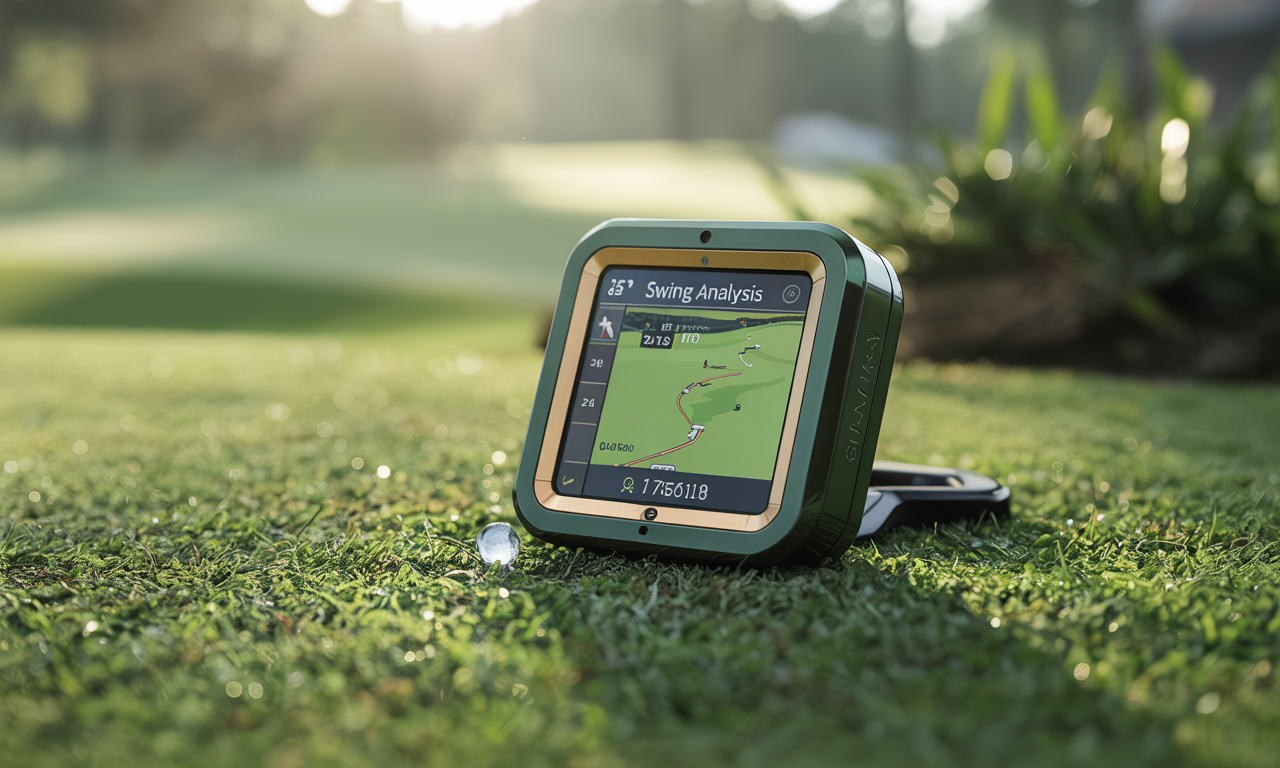 A digital swing analyzer on the grass highlights modern golf gadgets and tech tools for performance tracking.