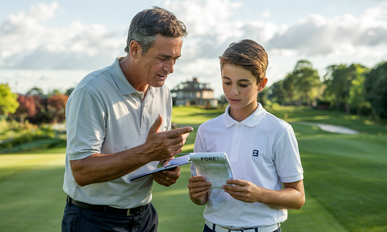 A coach mentors a young golfer with a scorecard, representing effective mental coaching for golf handicap improvement.