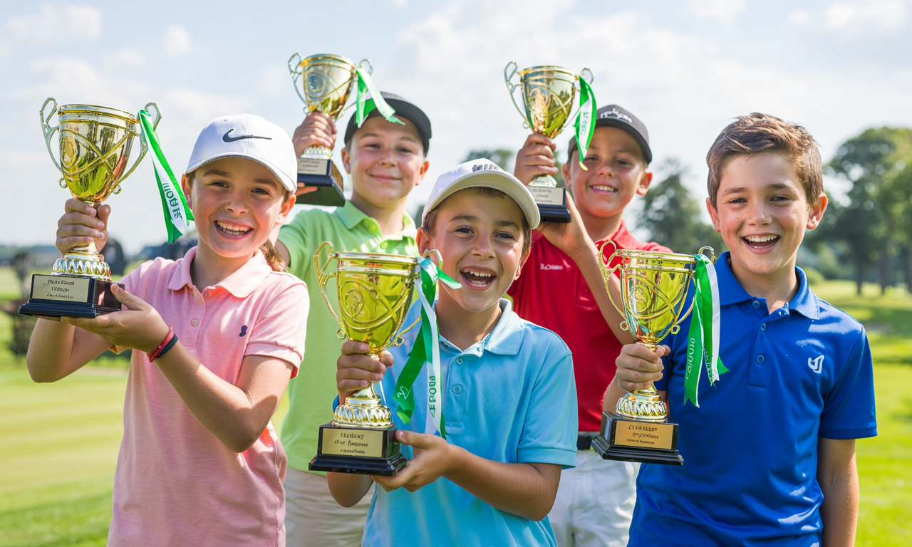 Kids proudly show off trophies, capturing the excitement of junior golf tournaments in Northern California.