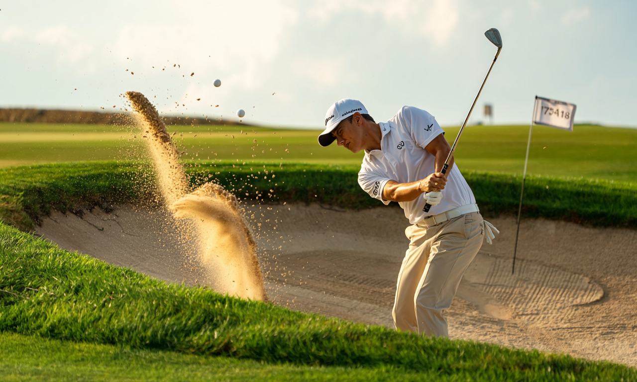 A golfer executes a perfect bunker shot on the course, capturing the skill involved in mastering your short game.