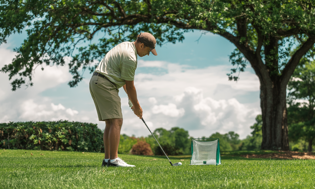 A golfer practices chip shots in a backyard setting using a portable net, showcasing simple golf drills you can practice at home.