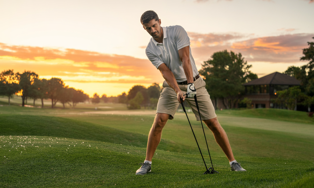 Golfer performing resistance band stretches on the course at sunrise, demonstrating a dynamic golf stretching routine for flexibility and injury prevention.