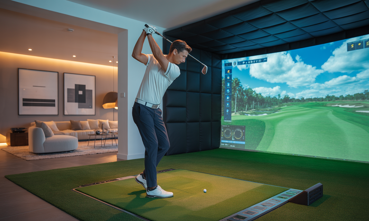 A golfer using a high-end golf simulator setup inside a modern living room, representing at-home golf simulators.