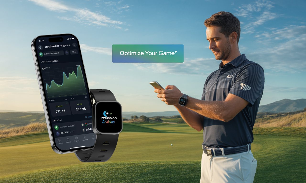 A golfer checking stats on a mobile app and smartwatch on the course, demonstrating the best apps for golfers.