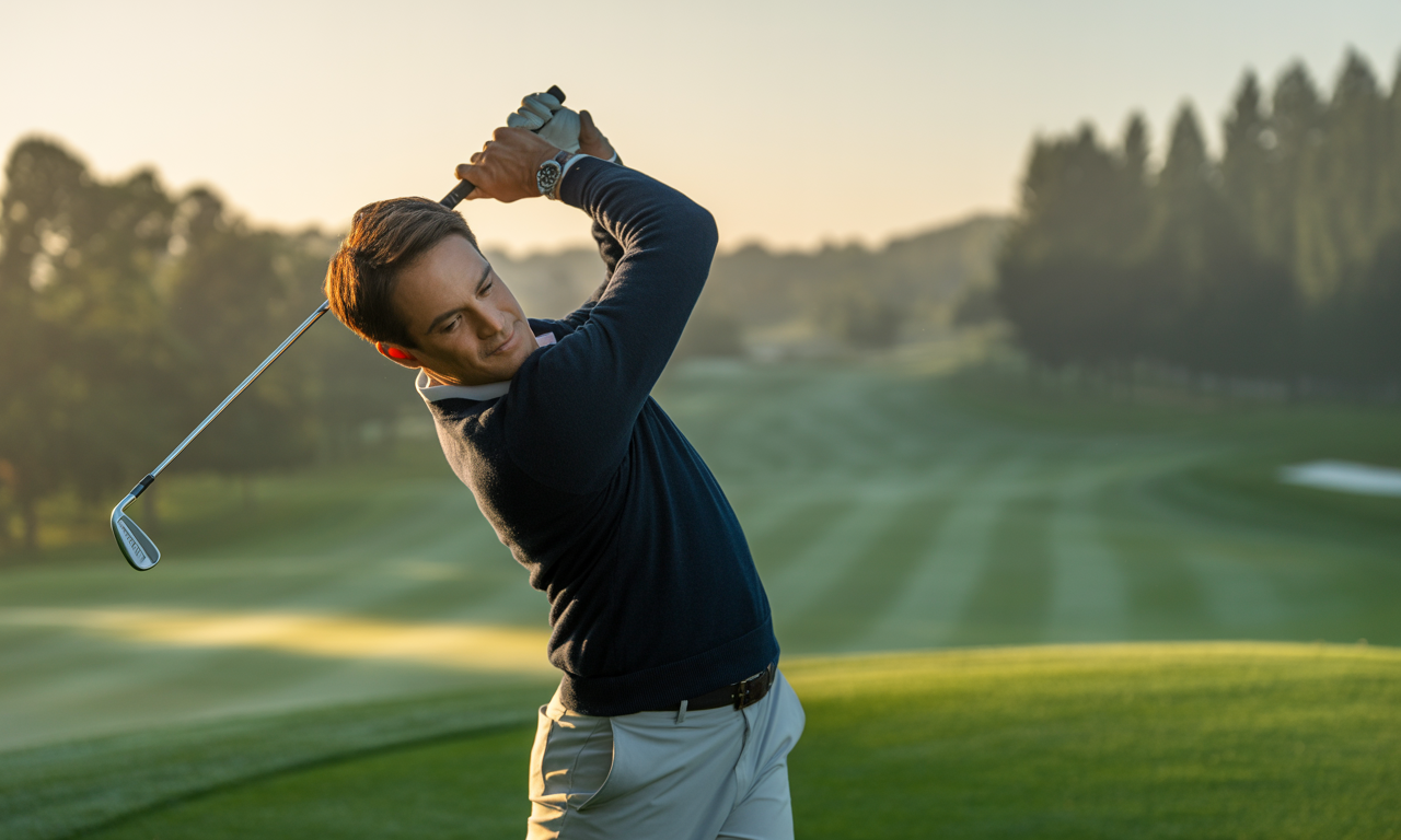 A golfer mid-swing on a manicured fairway during early morning practice, emphasizing a structured golf practice schedule.