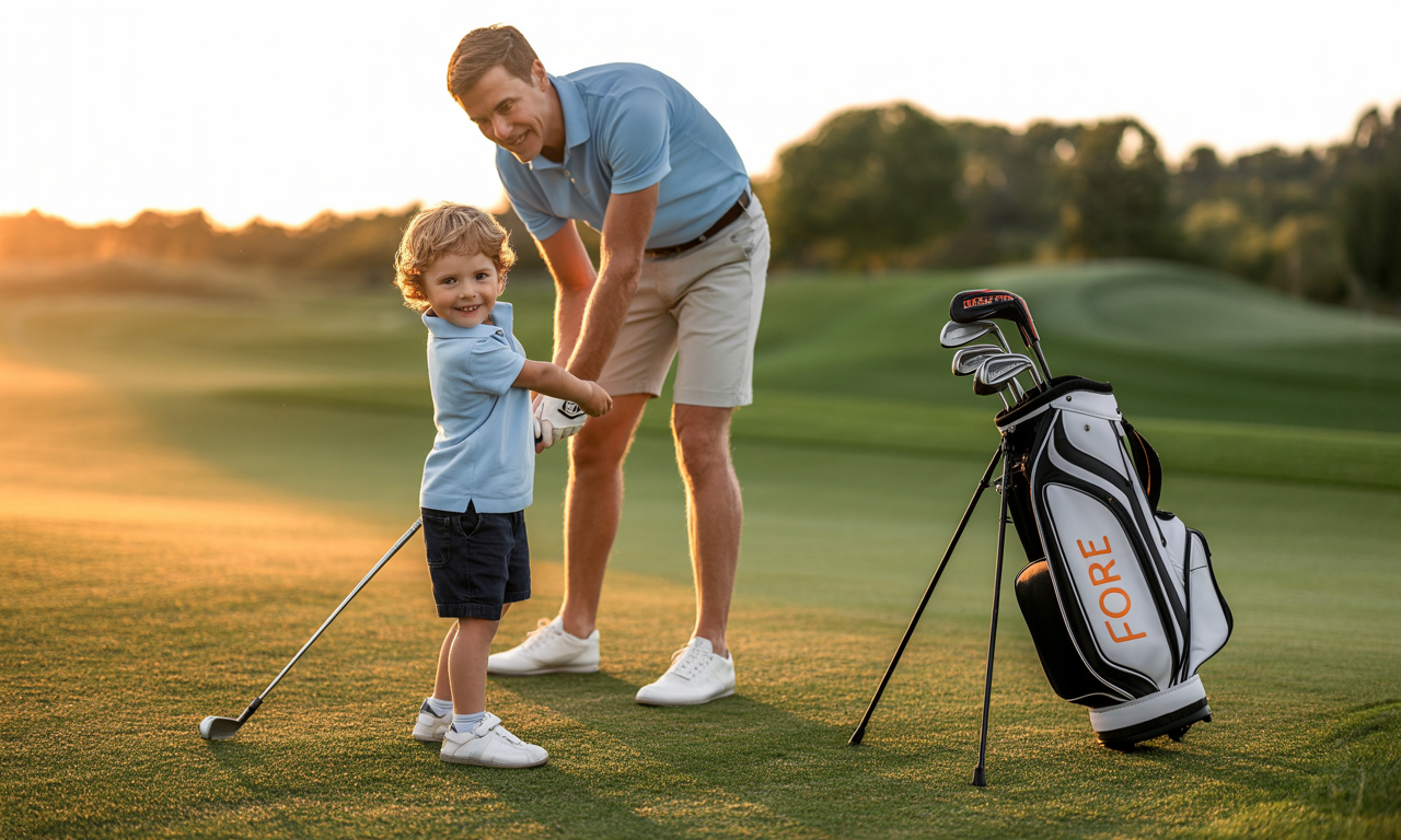 A parent helping a young child with their golf swing at sunset, showing how to introduce your kids to golf.