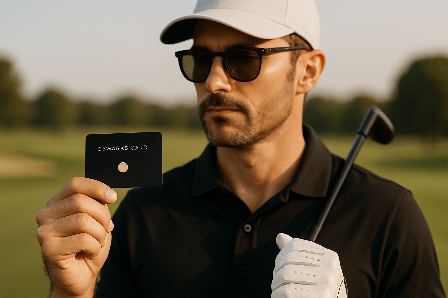 A golfer adjusting the position of a golf ball on the green before putting.