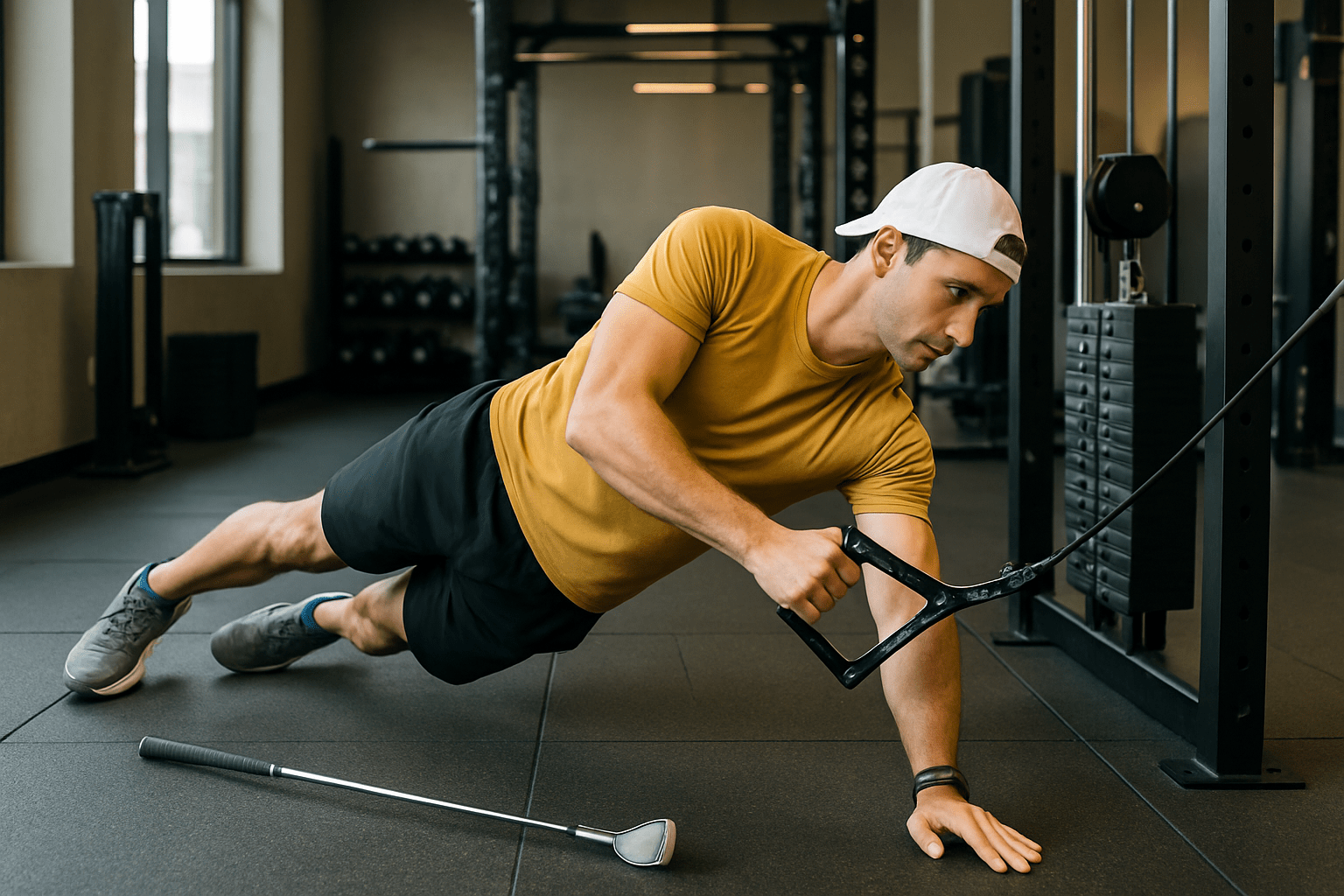 Golfer performing a fitness exercise indoors with a golf club on the ground.