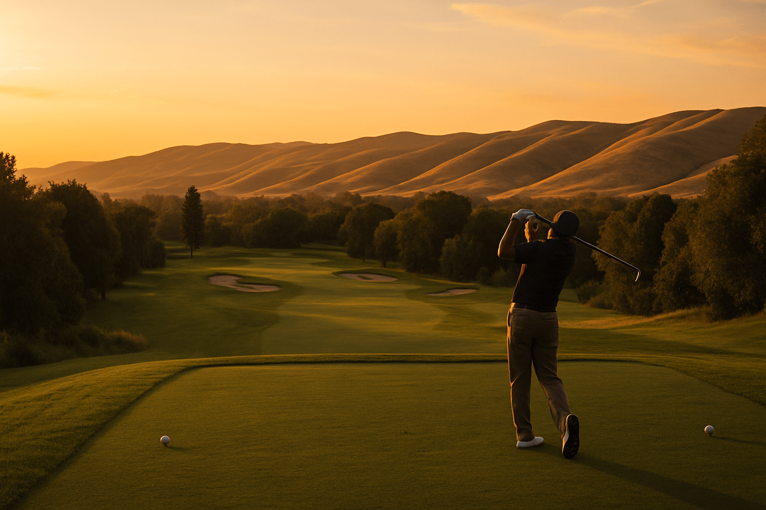 Golfer completing swing with scenic golf course and mountains in the distance.