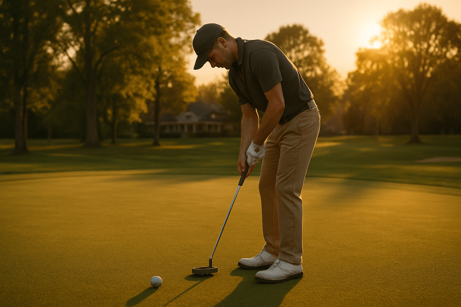 A golfer bending slightly, lining up a putt on the putting green during late afternoon.