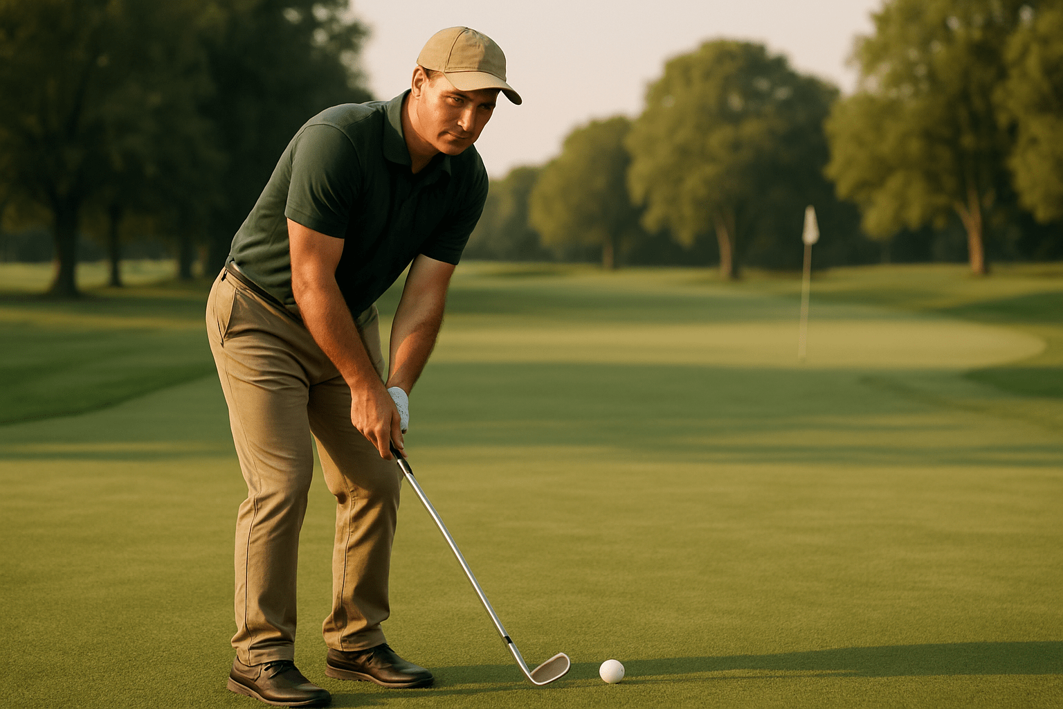 A golfer smiling and waving with a golf club in hand, standing on a sunny golf course.