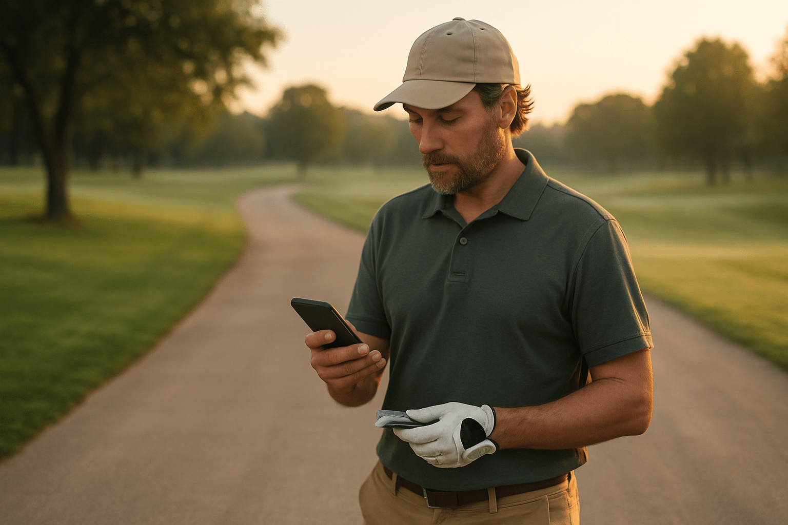 A golfer standing on the golf course holding a club and a scorecard, looking focused.