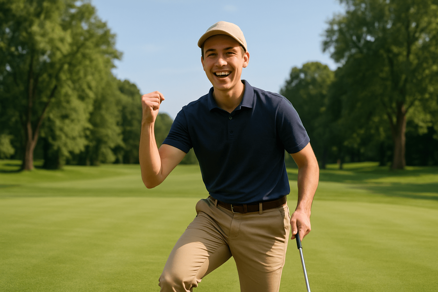 A golfer in mid-swing on a sunny golf course fairway surrounded by trees.