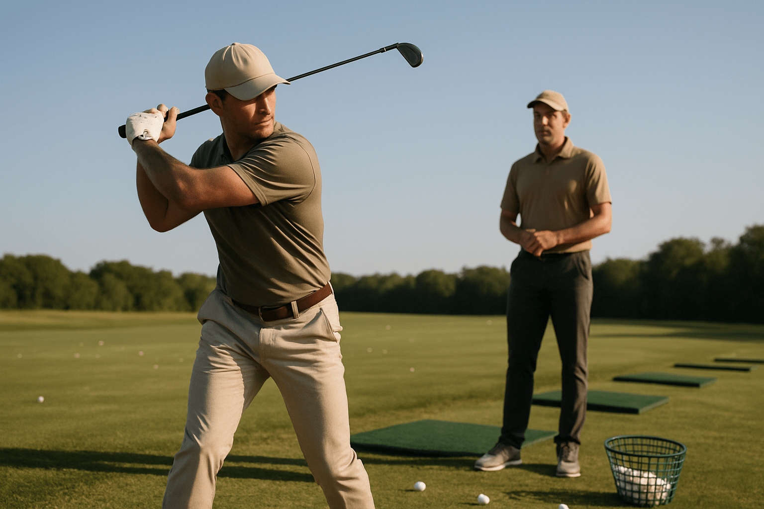 Golfer swinging club at driving range with instructor observing.