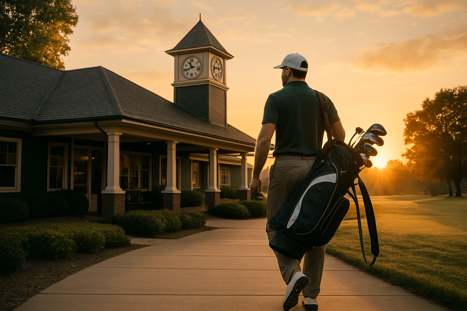 Golfer walking towards clubhouse at sunset with golf bag on shoulder.