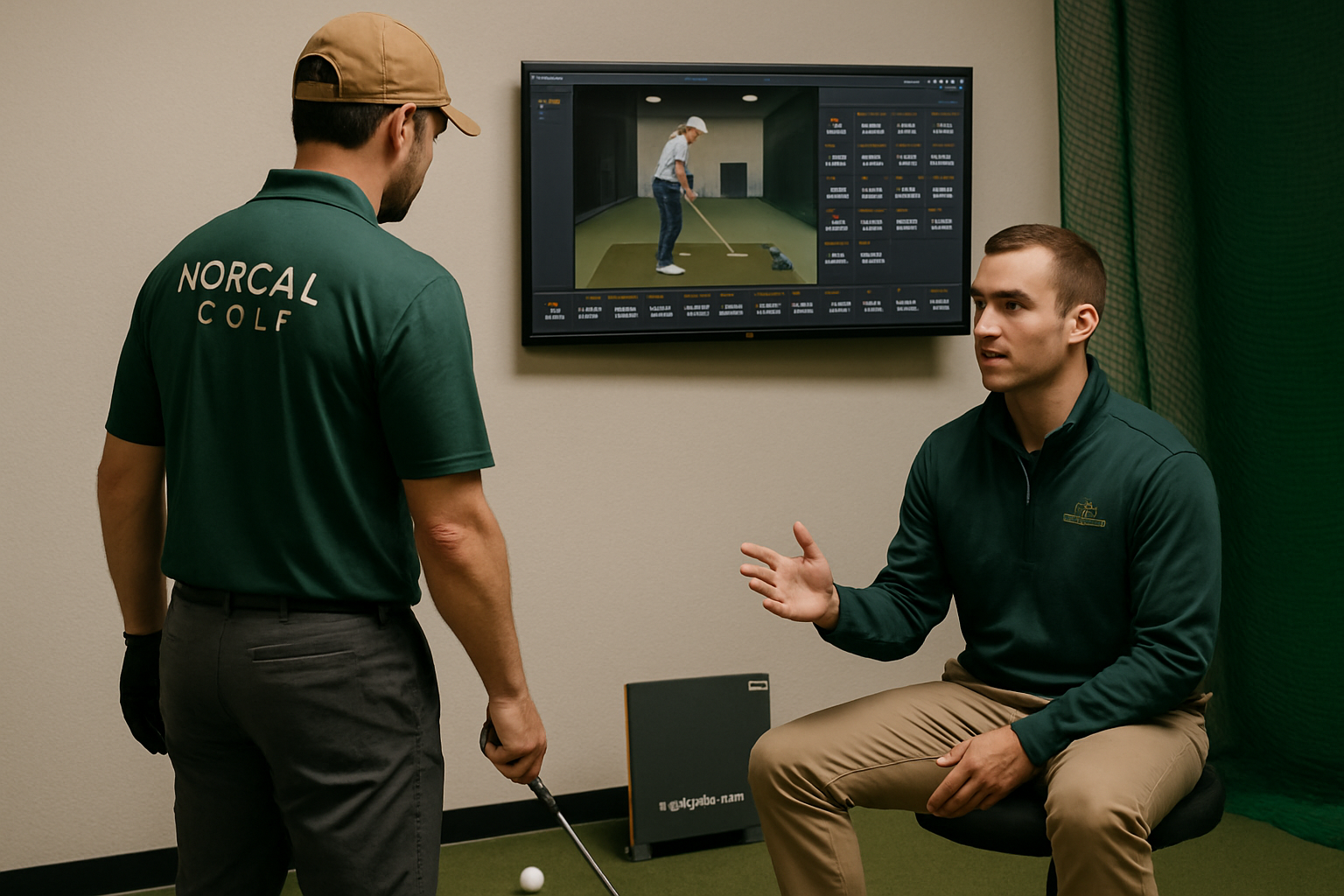 A golf coach reviews a student’s swing on a video screen inside a lesson studio, with the student holding a club and “NorCal Golf” on his shirt.