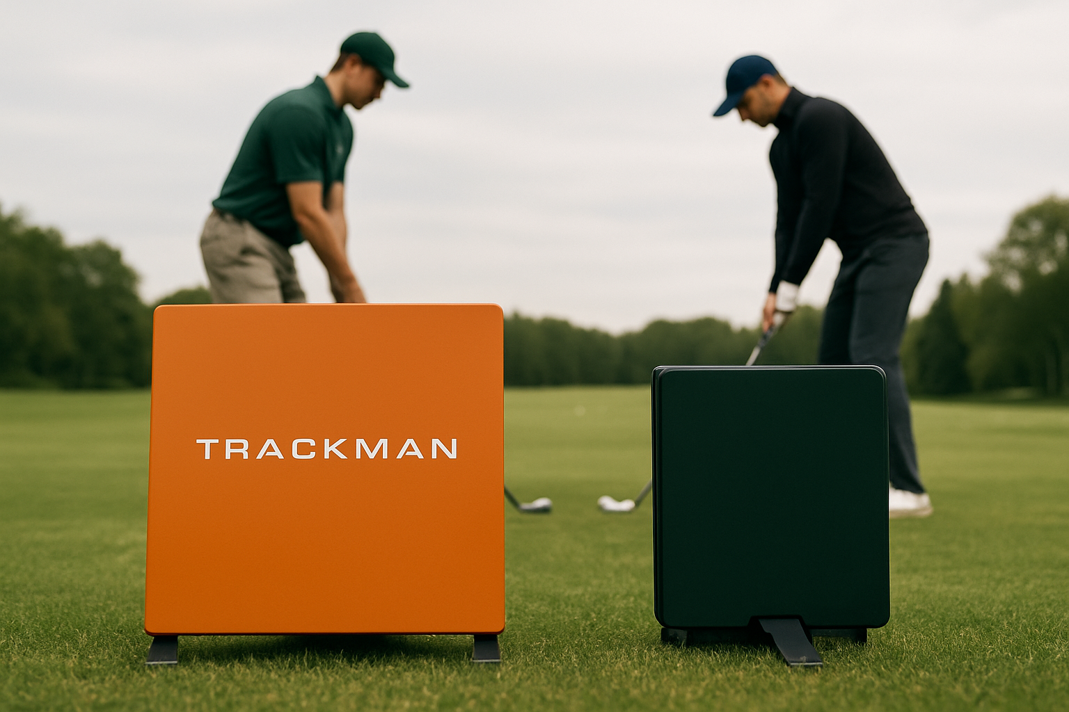 Two TrackMan golf launch monitors, one orange and one dark green, set up on a golf course with two golfers preparing to swing in the background.