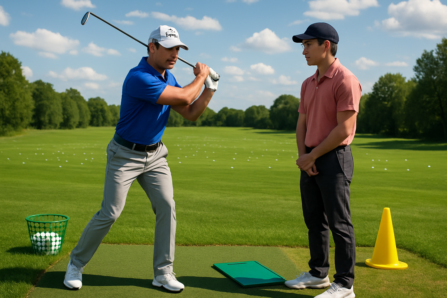 Golf instructor demonstrating swing technique to student on driving range.