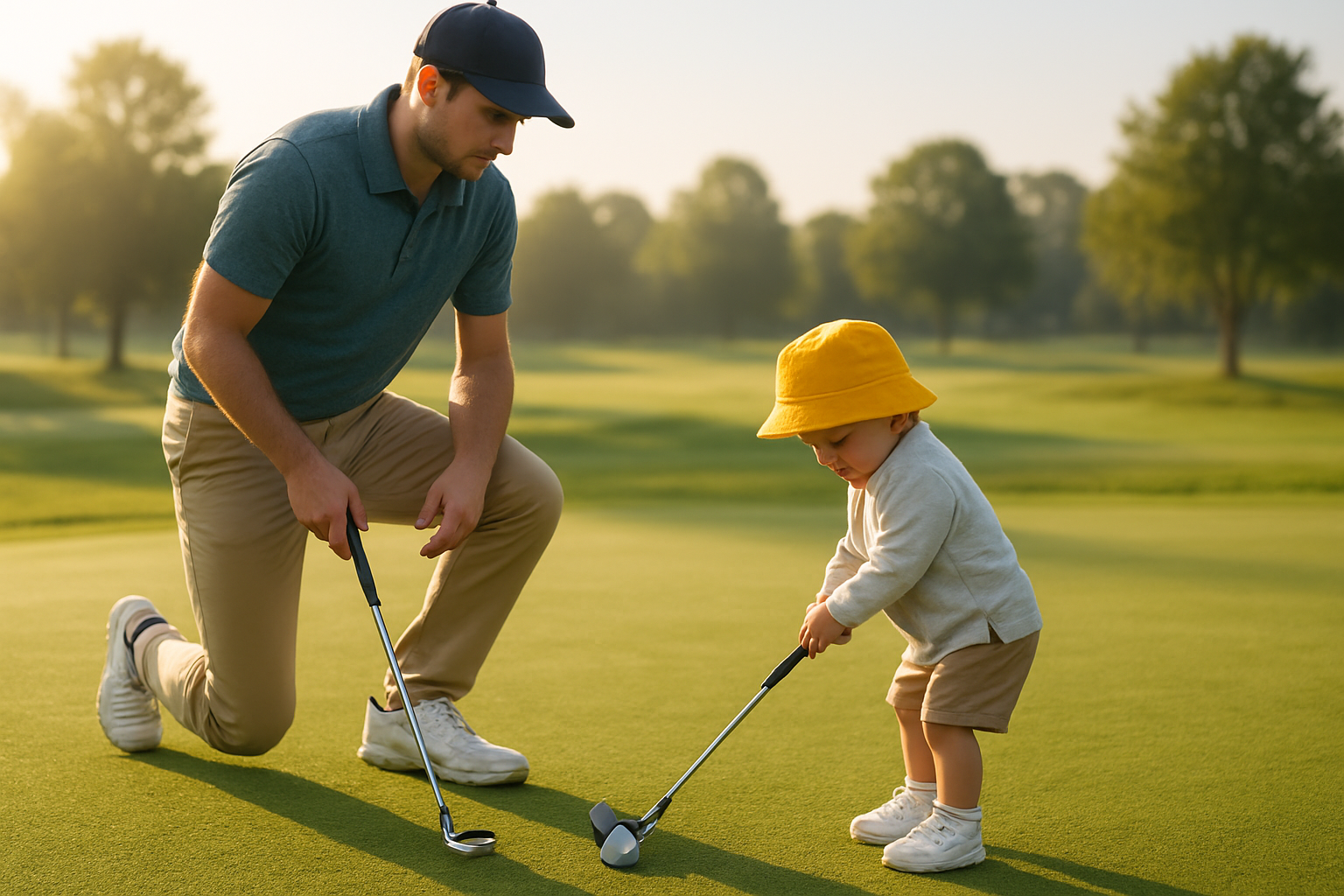 Father kneeling on golf green teaching young child how to putt at sunrise.