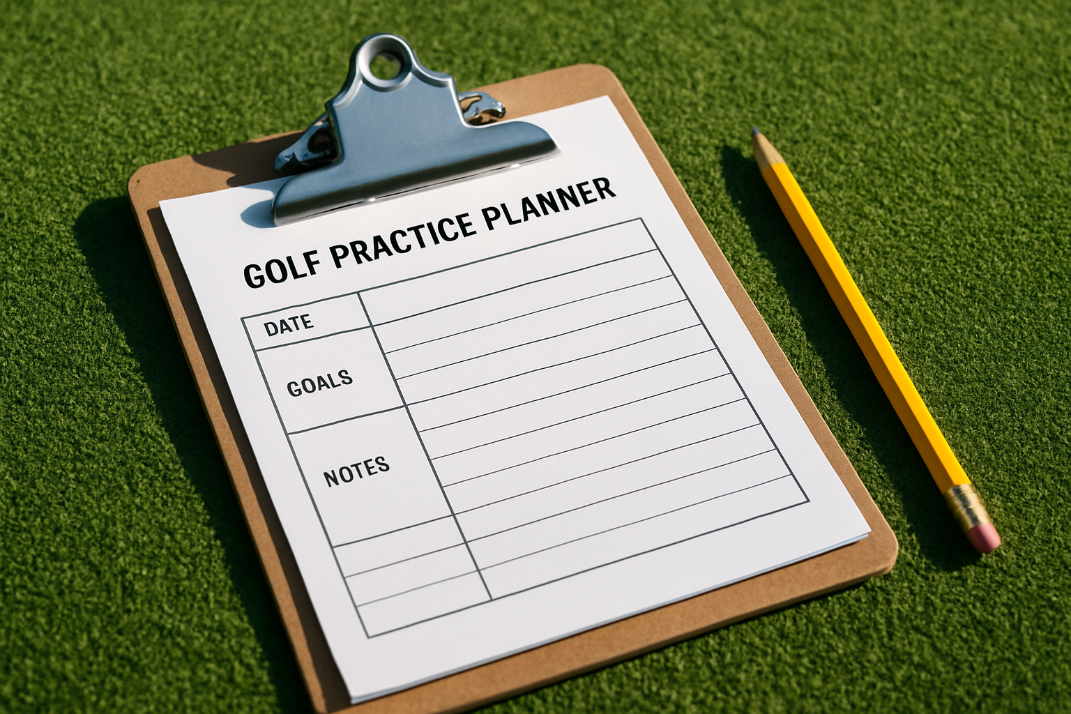 Golf practice planner on clipboard with pencil on green grass.