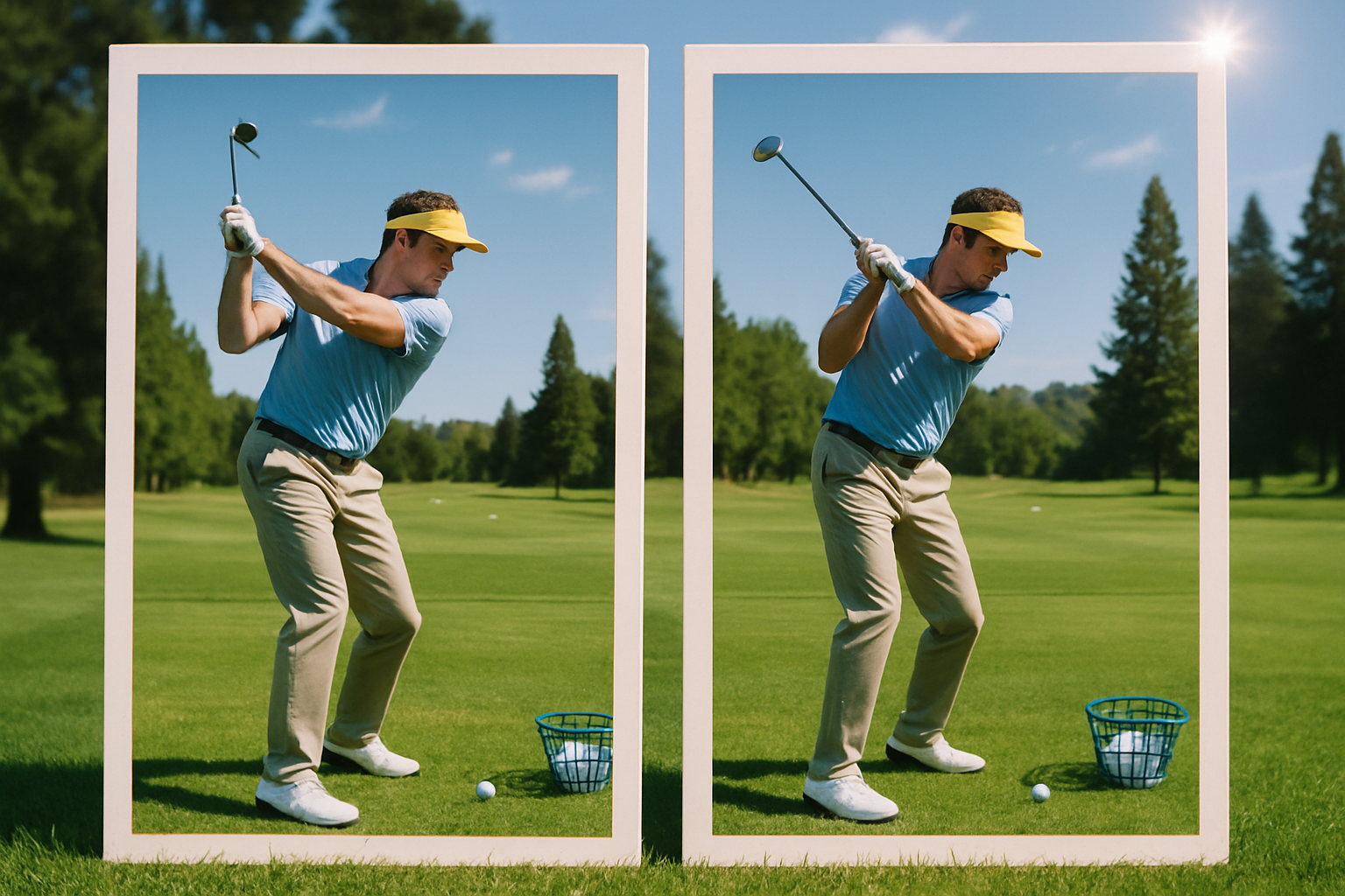 Side-by-side golf swing comparison showing male golfer in two different backswing positions on the driving range.