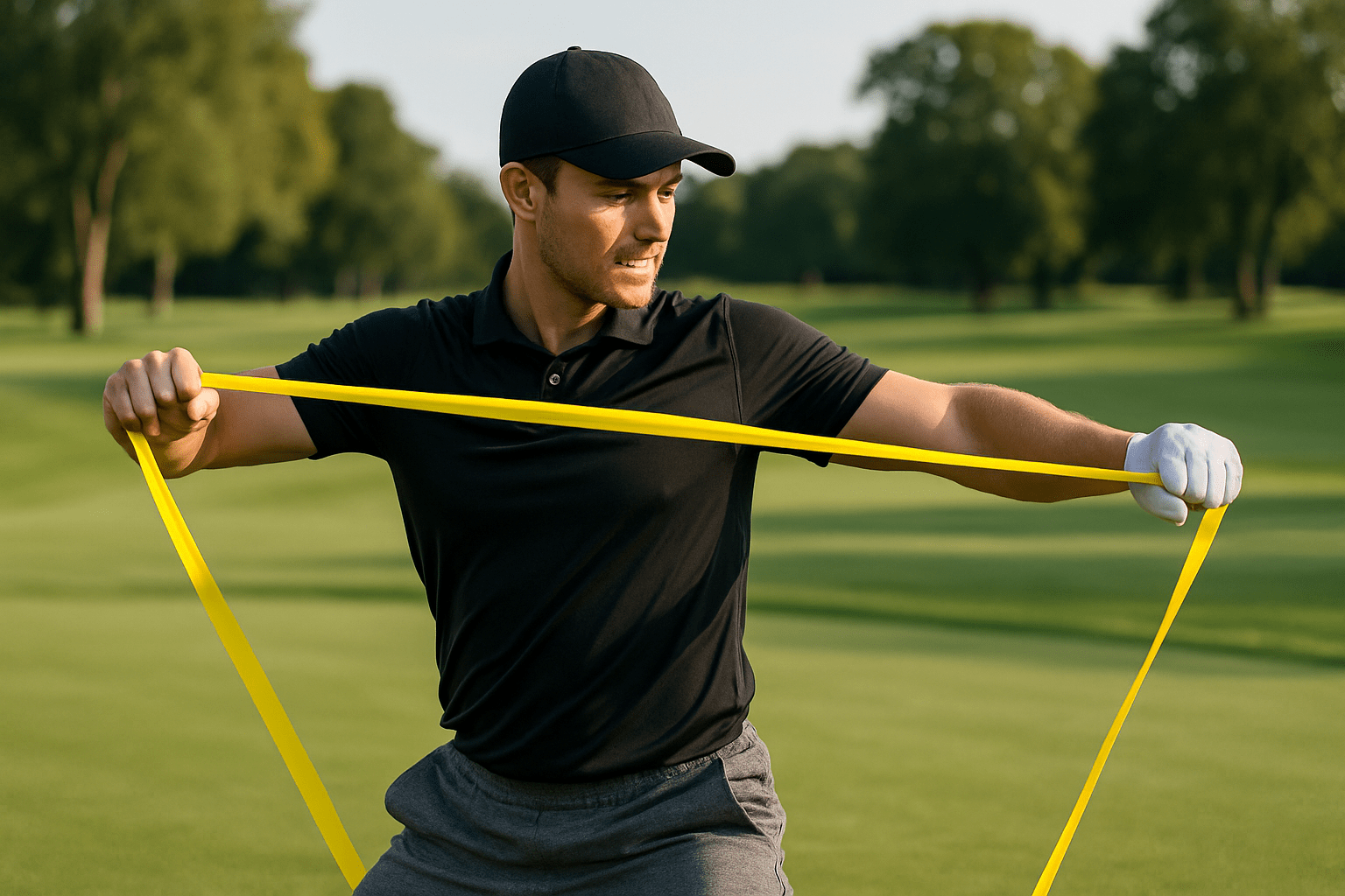 Male golfer in black athletic wear stretching with a yellow resistance band on a golf course.