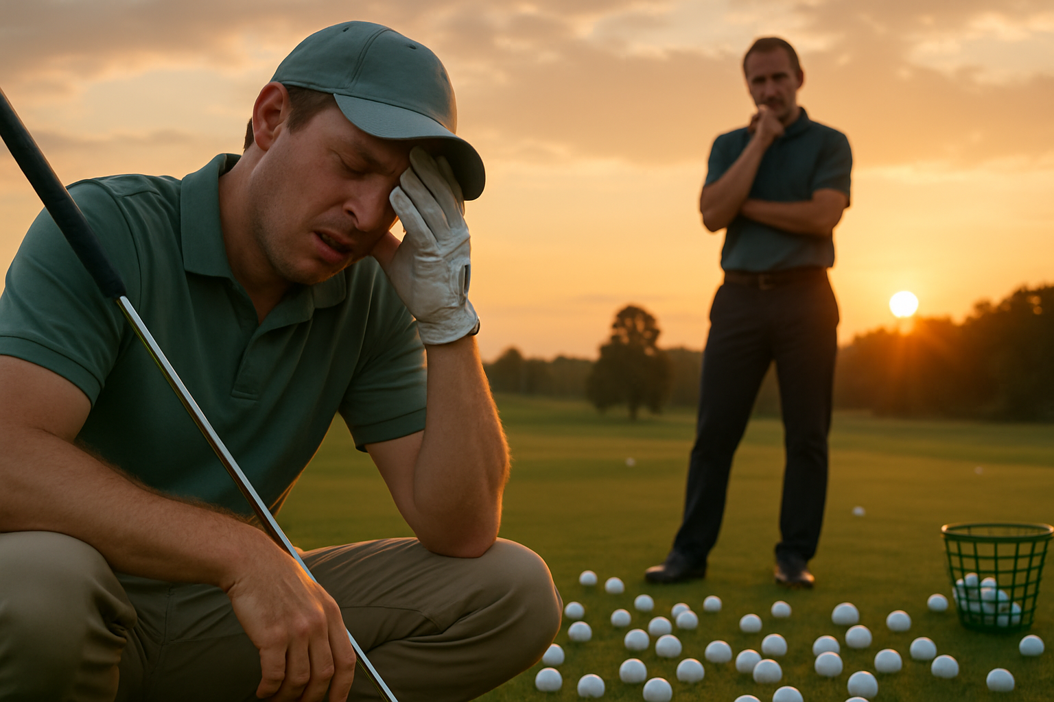 Frustrated golfer holding his head after a missed shot.