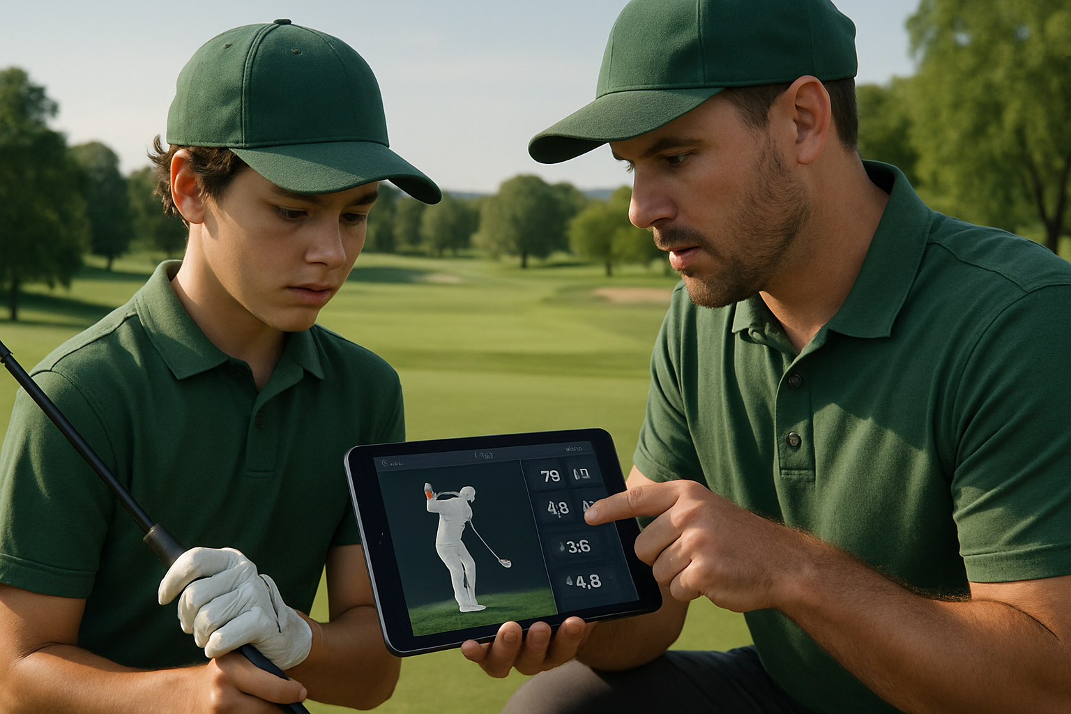 Golf coach showing swing analysis on a tablet to a young player.