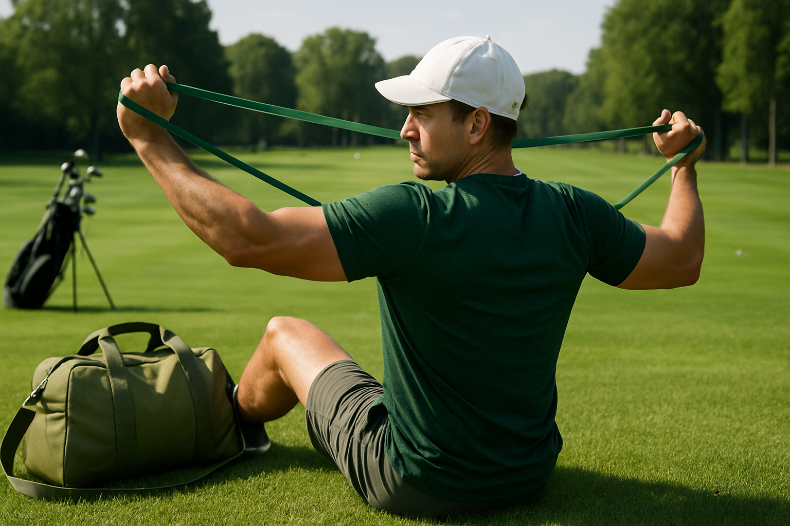 Golfer stretching with resistance band before a game.