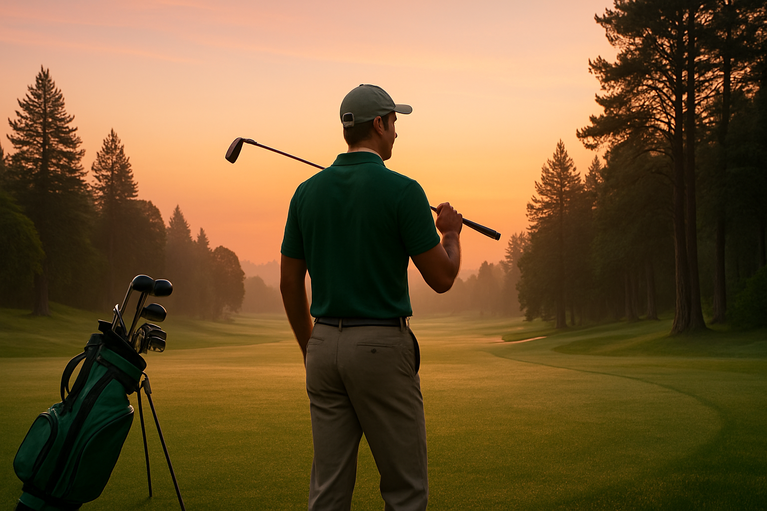 Golfer standing with a club at sunset on the course.