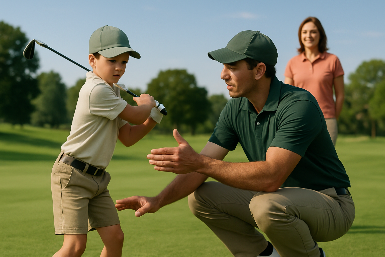 Golf coach teaching a young boy swing technique.